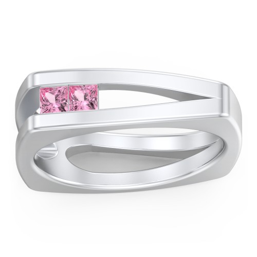 Men’s Squared Split Shank Ring with Princess Cut Gemstones – Sterling Silver with Pink Tourmaline