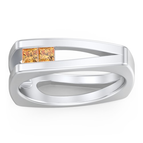 Men’s Squared Split Shank Ring with Princess Cut Gemstones – Sterling Silver with Citrine