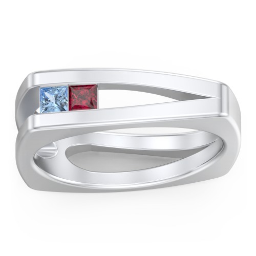 Men’s Squared Split Shank Ring with Princess Cut Gemstones – Sterling Silver with Blue Topaz and Ruby
