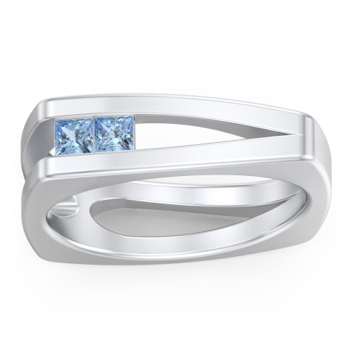 Men’s Squared Split Shank Ring with Princess Cut Gemstones – Sterling Silver with Blue Topaz
