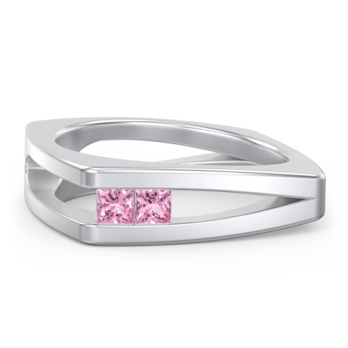 Men’s Squared Split Shank Ring with Princess Cut Gemstones – Sterling Silver with Pink Tourmaline