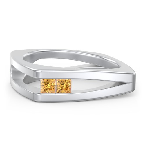 Men’s Squared Split Shank Ring with Princess Cut Gemstones – Sterling Silver with Citrine