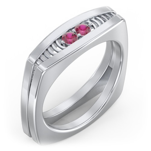 Men’s Squared Ring with Gemstones – Sterling Silver with Ruby