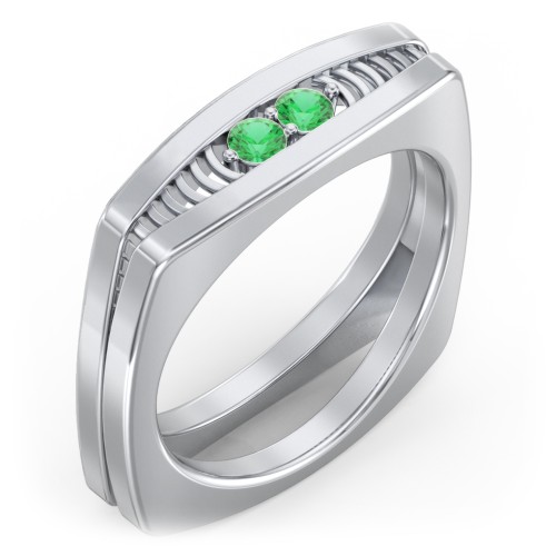 Men’s Squared Ring with Gemstones – Sterling Silver with Emerald