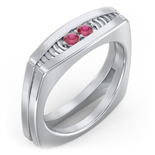 Men’s Squared Ring with Gemstones – Sterling Silver with Ruby