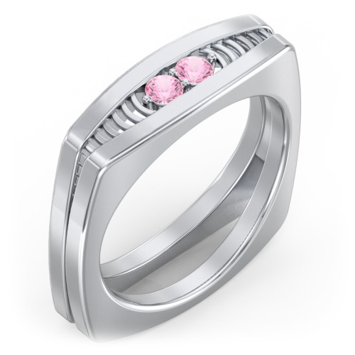 Men’s Squared Ring with Gemstones – Sterling Silver with Pink Tourmaline