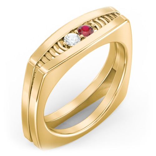 Men’s Squared Ring with Gemstones – 10K Yellow Gold with Cubic Zirconia and Garnet