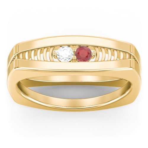 Men’s Squared Ring with Gemstones – 10K Yellow Gold with Cubic Zirconia and Garnet