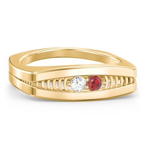 Men’s Squared Ring with Gemstones – 10K Yellow Gold with Cubic Zirconia and Garnet