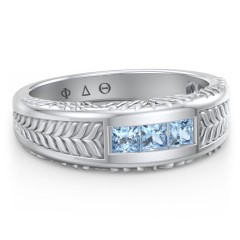 Men’s Wheat Pattern Fraternity Ring with Gemstones – Sterling Silver with Blue Topaz