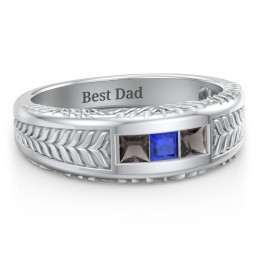 Men’s Wheat Pattern Ring with Princess Cut Gemstones in 925 Sterling Silver with Smokey Quartz and Blue Sapphire