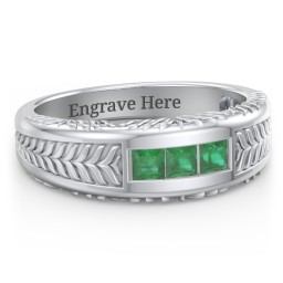 Men’s Wheat Pattern Ring with Princess Cut Gemstones in 925 Sterling Silver with Emerald