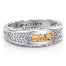 Men’s Wheat Pattern Ring with Princess Cut Gemstones in 925 Sterling Silver with Citrine