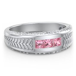 Men’s Wheat Pattern Ring with Princess Cut Gemstones in 925 Sterling Silver with Pink Tourmaline