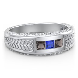 Men’s Wheat Pattern Ring with Princess Cut Gemstones in 925 Sterling Silver with Smokey Quartz and Blue Sapphire