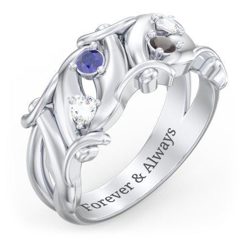 Men’s 4-Stone Organic Leaf Ring – Sterling Silver with Cubic Zirconia, Blue Sapphire, and Smokey Quartz