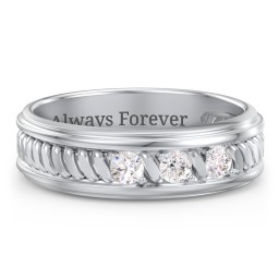 Men’s 3-Stone Ring with Twisted Rope Pattern in 925 Sterling Silver with Diamond
