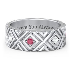 Men’s Grooved Geometric Birthstone Ring – Sterling Silver with Cubic Zirconia and Ruby