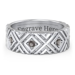 Men’s Grooved Geometric Birthstone Ring in 925 Sterling Silver with Smokey Quartz, Cubic Zirconia, and Ruby