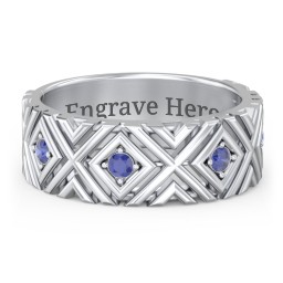 Men’s Grooved Geometric Birthstone Ring in 925 Sterling Silver with Blue Sapphire, Cubic Zirconia, and Ruby