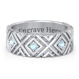 Men’s Grooved Geometric Birthstone Ring in 925 Sterling Silver with Blue Topaz, Cubic Zirconia, and Ruby