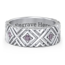 Men’s Grooved Geometric Birthstone Ring in 925 Sterling Silver with Alexandrite, Cubic Zirconia, and Ruby