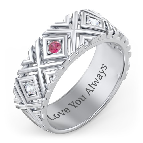 Men’s Grooved Geometric Birthstone Ring – Sterling Silver with Cubic Zirconia and Ruby