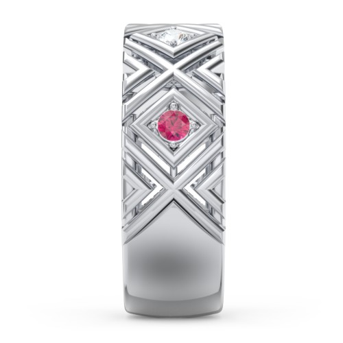 Men’s Grooved Geometric Birthstone Ring – Sterling Silver with Cubic Zirconia and Ruby