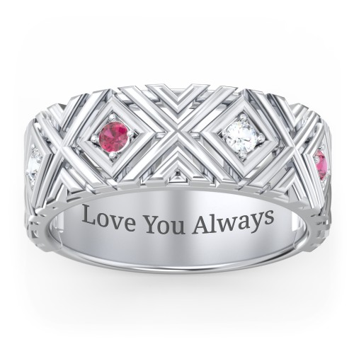 Men’s Grooved Geometric Birthstone Ring – Sterling Silver with Cubic Zirconia and Ruby