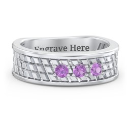 Men’s Diagonal Groove 3-Stone Family Ring in 925 Sterling Silver with Amethyst