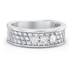 Men’s Diagonal Groove 3-Stone Family Ring – Sterling Silver with Cubic Zirconia