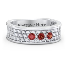 Men’s Diagonal Groove 3-Stone Family Ring in 925 Sterling Silver with Garnet