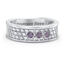 Men’s Diagonal Groove 3-Stone Family Ring in 925 Sterling Silver with Alexandrite