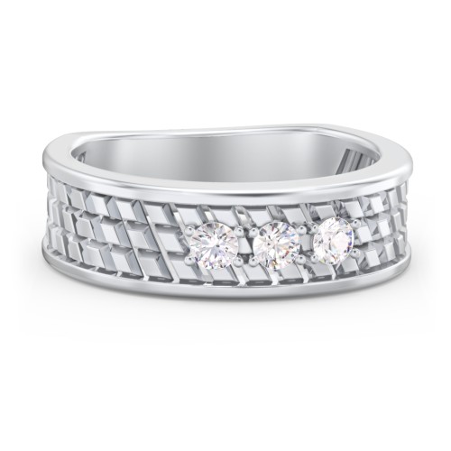 Men’s Diagonal Groove 3-Stone Family Ring – Sterling Silver with Cubic Zirconia