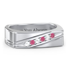 Men’s Flat Top Family Ring with Gemstones – Sterling Silver with Cubic Zirconia and Ruby