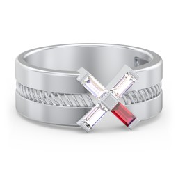 Men’s Engravable “X” Family Ring with Baguette Gemstones