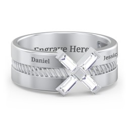 Men’s Engravable “X” Family Ring with Baguette Gemstones