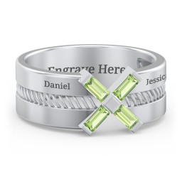 Men’s Engravable “X” Family Ring with Baguette Gemstones