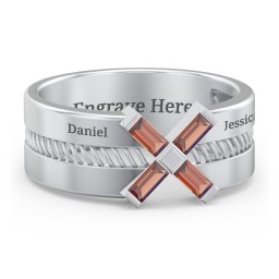 Men’s Engravable “X” Family Ring with Baguette Gemstones in 925 Sterling Silver with Garnet