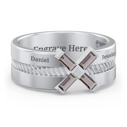 Men’s Engravable “X” Family Ring with Baguette Gemstones in 925 Sterling Silver with Smokey Quartz