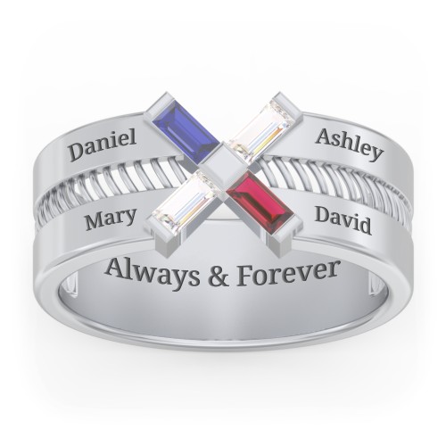 Men’s Engravable “X” Family Ring with Baguette Gemstones – Sterling Silver with Blue Sapphire, Cubic Zirconia, and Garnet