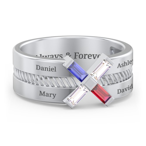 Men’s Engravable “X” Family Ring with Baguette Gemstones – Sterling Silver with Blue Sapphire, Cubic Zirconia, and Garnet