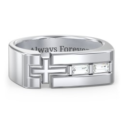 Men’s Squared Cross Ring with Baguette Gemstones in 925 Sterling Silver with Diamond