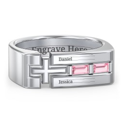 Men’s Squared Cross Ring with Baguette Gemstones in 925 Sterling Silver