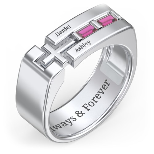 Men’s Squared Cross Ring with Baguette Gemstones – Sterling Silver with Ruby