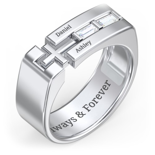 Men’s Squared Cross Ring with Baguette Gemstones – Sterling Silver with Diamond