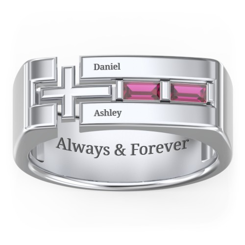 Men’s Squared Cross Ring with Baguette Gemstones – Sterling Silver with Ruby