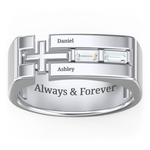 Men’s Squared Cross Ring with Baguette Gemstones – Sterling Silver with Diamond