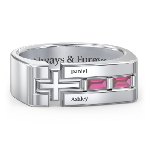 Men’s Squared Cross Ring with Baguette Gemstones – Sterling Silver with Ruby