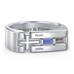 Men’s Squared Cross Ring with Baguette Gemstones – Sterling Silver with Blue Topaz